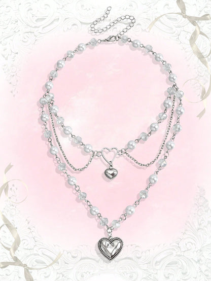 ROMWE Kawaii 1 pieza Lindo collar colgante con perla falsa, corazones y borlas para el Día de San Valentín
