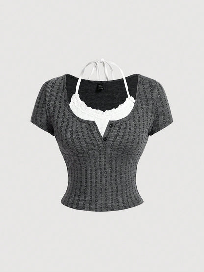 SHEIN MOD Camiseta de verano para mujer '2 en 1' con lazo de ballet coqueto y ribete de encaje en las mangas cortas Tops Kawaii
