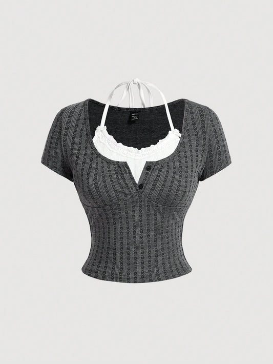 SHEIN MOD Camiseta de verano para mujer '2 en 1' con lazo de ballet coqueto y ribete de encaje en las mangas cortas Tops Kawaii