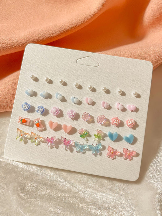 Set de 20 pares de pendientes de tuerca de resina con flores y mariposas de colores aleatorios para mujeres y niñas, regalos de joyería diaria para San Valentín