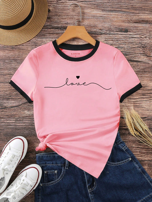 SHEIN EZwear Camiseta de mujer de manga corta, informal, de verano, con estampado de letras y corazón, cuello redondo, camisetas gráficas para mujeres