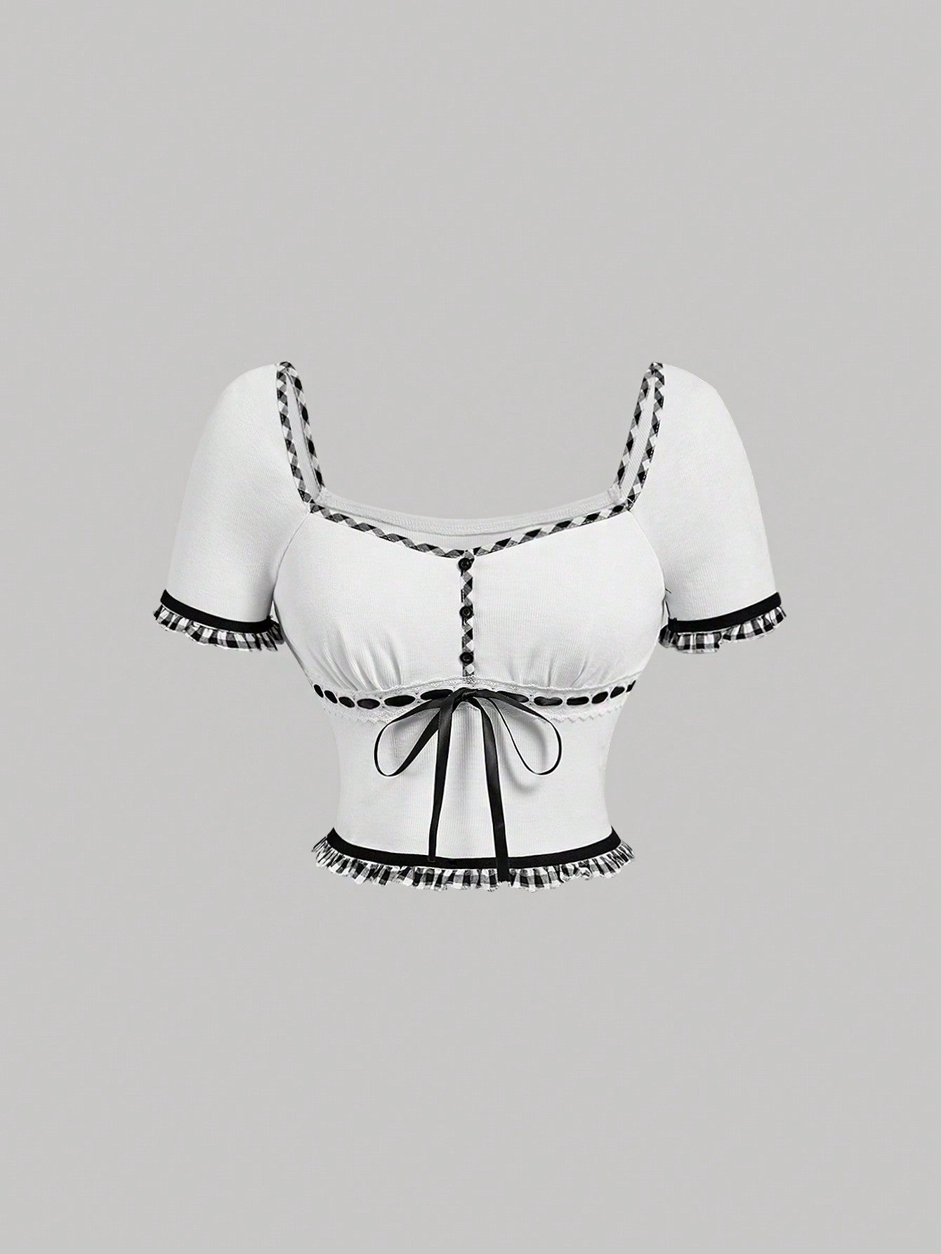 SHEIN MOD Camiseta de verano blanca a cuadros con encaje y correa de lazo