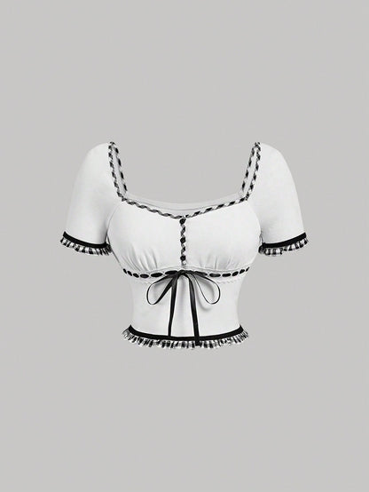 SHEIN MOD Camiseta de verano blanca a cuadros con encaje y correa de lazo