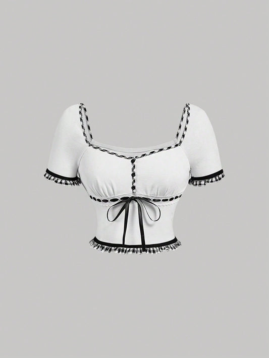 SHEIN MOD Camiseta de verano blanca a cuadros con encaje y correa de lazo