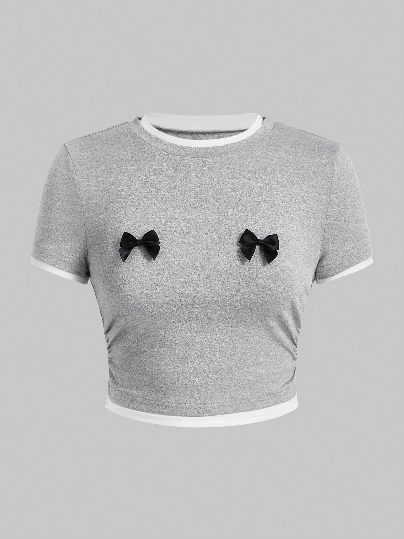 ROMWE Kawaii Camiseta 2 en 1 entallada para mujer con lindo lazo decorativo y cinta, fácil de combinar