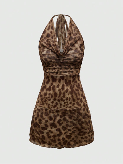 ROMWE J-Fashion Vestido mini sexy de club con estampado de leopardo para mujer