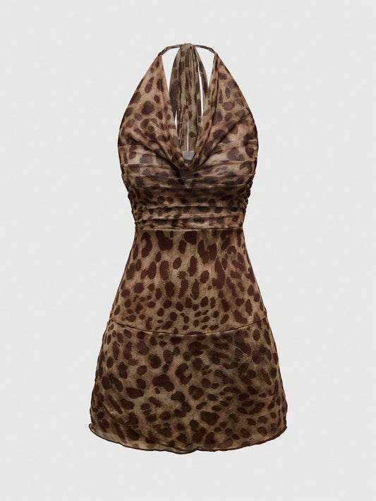 ROMWE J-Fashion Vestido mini sexy de club con estampado de leopardo para mujer