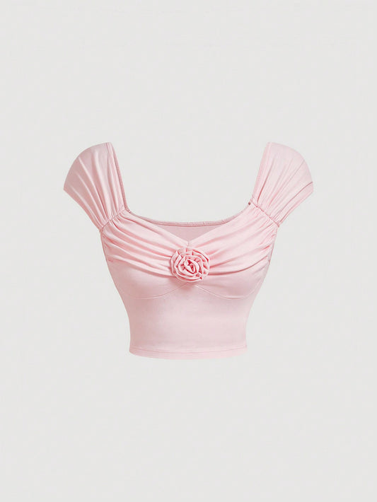 SHEIN MOD Camiseta de manga corta con aplique 3D de flor de rosa