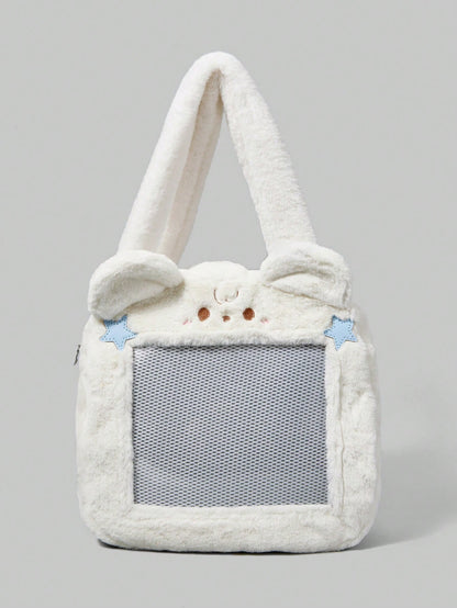 ROMWE Kawaii Bolso de mano de peluche con diseño de gato y flores para uso diario y viajes de mujeres