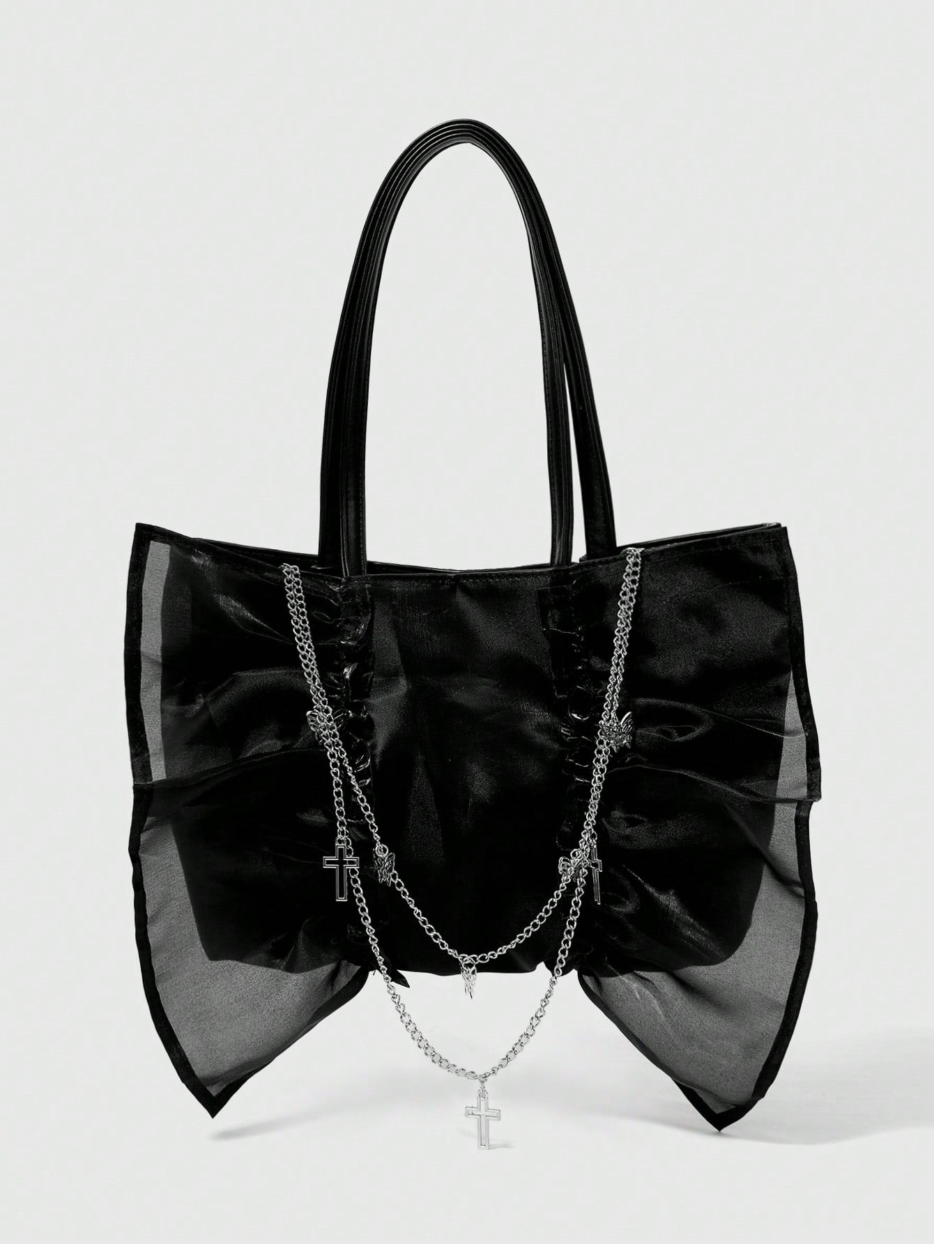 ROMWE Goth Bolso de hombro de estilo gótico para mujer con volantes, decoración de mariposa y cruz