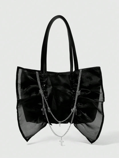 ROMWE Goth Bolso de hombro de estilo gótico para mujer con volantes, decoración de mariposa y cruz
