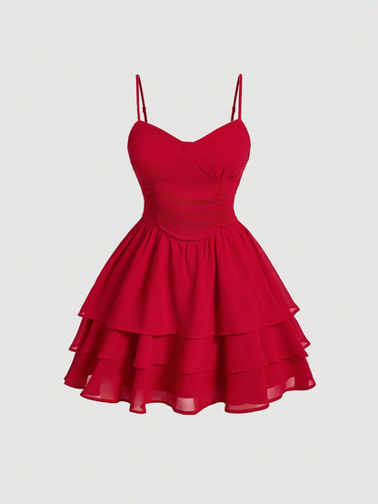 SHEIN MOD Vestido De Tirantes Con Doblez En El Busto, La Cintura Y Varios Capazos En El Dobladillo