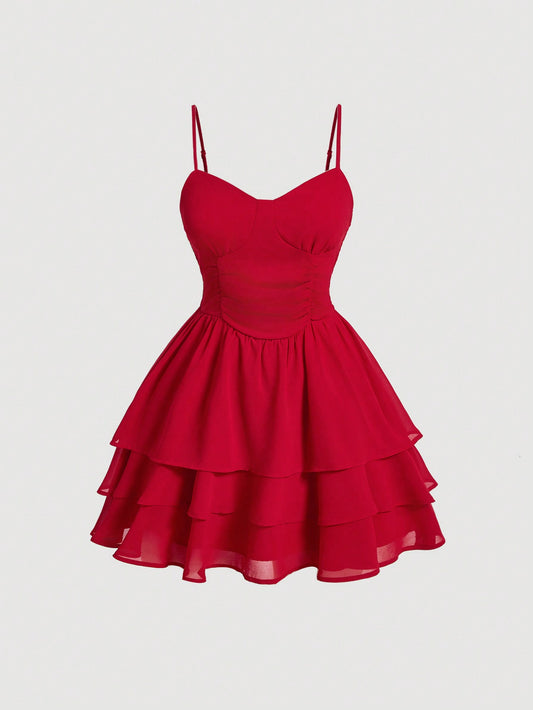 SHEIN MOD Vestido De Tirantes Con Doblez En El Busto, La Cintura Y Varios Capazos En El Dobladillo