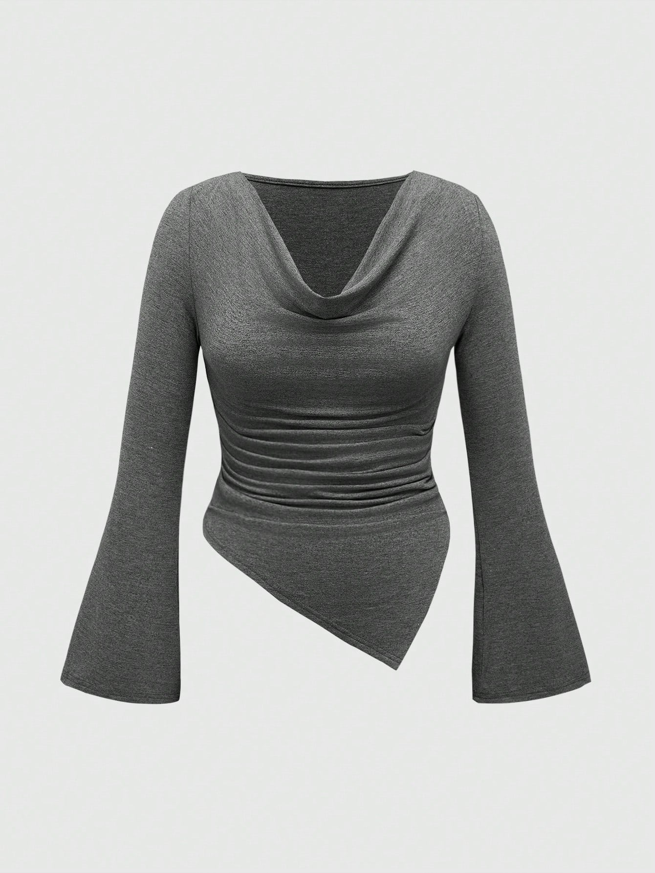 ROMWE Grunge Punk Camiseta de manga larga ajustada con cuello en pico profundo y bajo asimétrico, estilo Y2K elegante para mujer, unicolor, versátil camiseta interior para otoño/invierno
