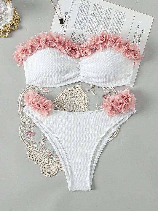 SHEIN Swim Conjunto de bikini con cubrecosturas de contraste y estampado floral para mujer, ideal para el verano y la playa
