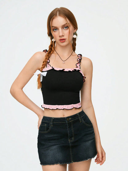 SHEIN Qutie Camiseta De Tirantes Para Mujer Simple Y Dulce Con Dobladillo Con Volantes Para Deportes Y Ballet