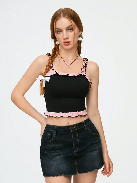 SHEIN Qutie Camiseta De Tirantes Para Mujer Simple Y Dulce Con Dobladillo Con Volantes Para Deportes Y Ballet