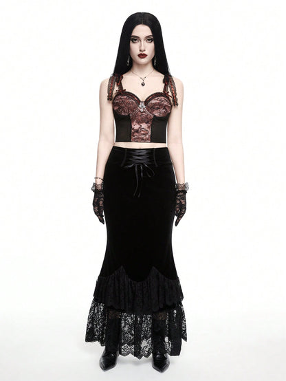 ROMWE Goth Top de tirantes de malla con estampado de serpiente para mujer con colgante cruzado, diseño de lazo y encaje