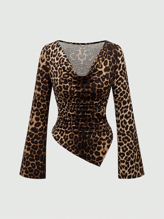 ROMWE Grunge Punk Camiseta de manga larga con diseño de cintura ceñida, cuello drapeado hueco, bajo asimétrico y estampado de leopardo de moda Y2K sexy