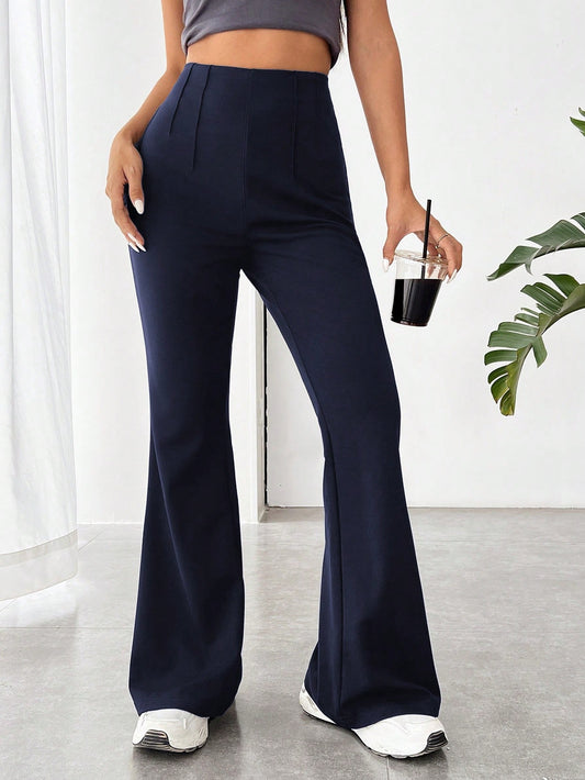 SHEIN EZwear Pantalones acampanados básicos de punto azul marino para mujer para uso diario