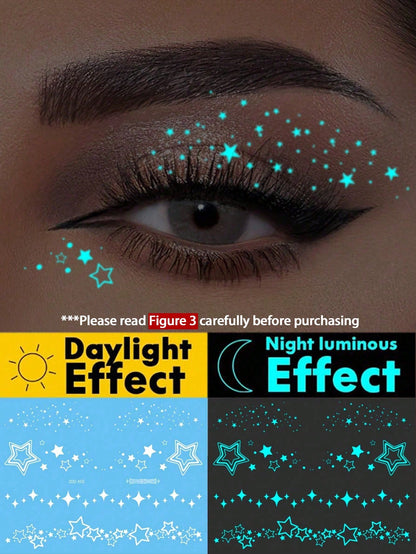 1 pieza Tatuaje temporal de arte corporal luminoso con tinta blanca y que brilla en la oscuridad, diseño de estrella resplandeciente para ojos, tatuaje falso brillante a prueba de agua para la cara y el Body, dura de 2 a 5 días