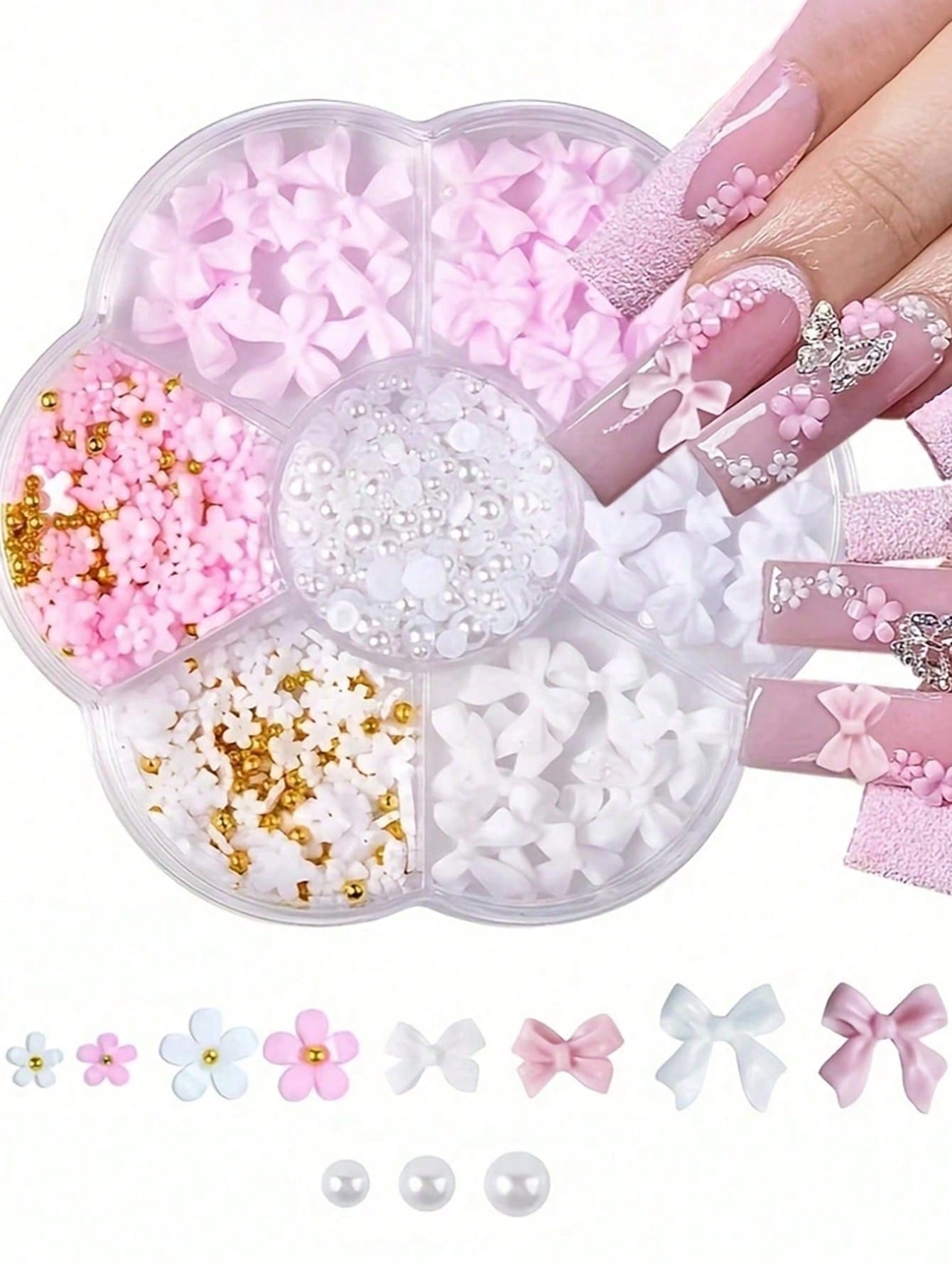 Kit de decoraciones para uñas con flores 3D en forma de lazo, decoraciones de arte de uñas rosa y blanco con medias perlas, gemas acrílicas florales lindas para manualidades de manicura DIY