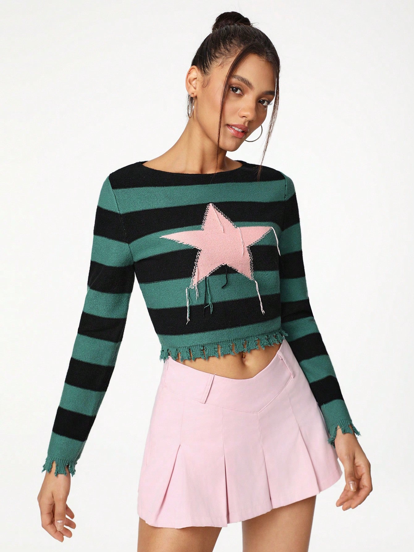 Threesuture Suéter de mujeres artista con bloque de color, patrón de rayas y estrellas, acabado desgastado, ropa de mujer para otoño e invierno