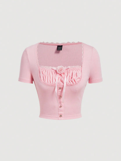 SHEIN MOD Mujer Camiseta de manga corta con encaje, pliegues y estampado floral en 3D