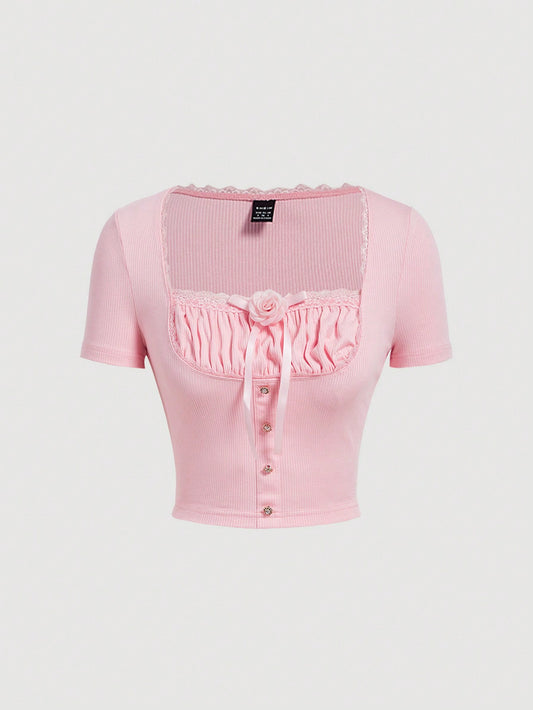 SHEIN MOD Mujer Camiseta de manga corta con encaje, pliegues y estampado floral en 3D
