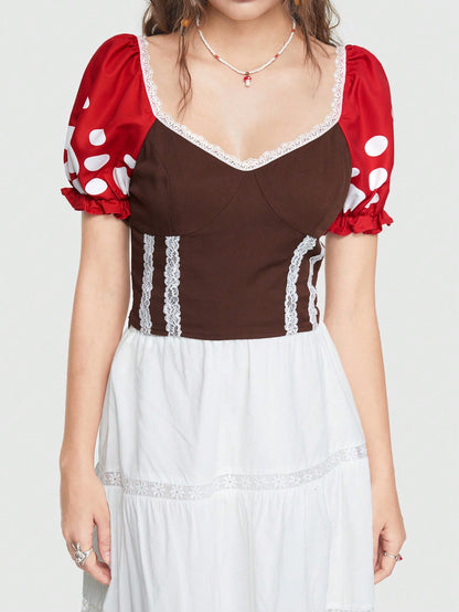 ROMWE Fairycore de color combinado con estampado de lunares con encaje en contraste de manga farol Disfraz Blusa