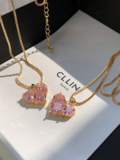 1 pieza Collar en forma de corazón súper brillante de cristal de vidrio rosa, colgante de corazón de moda y lujo ligero