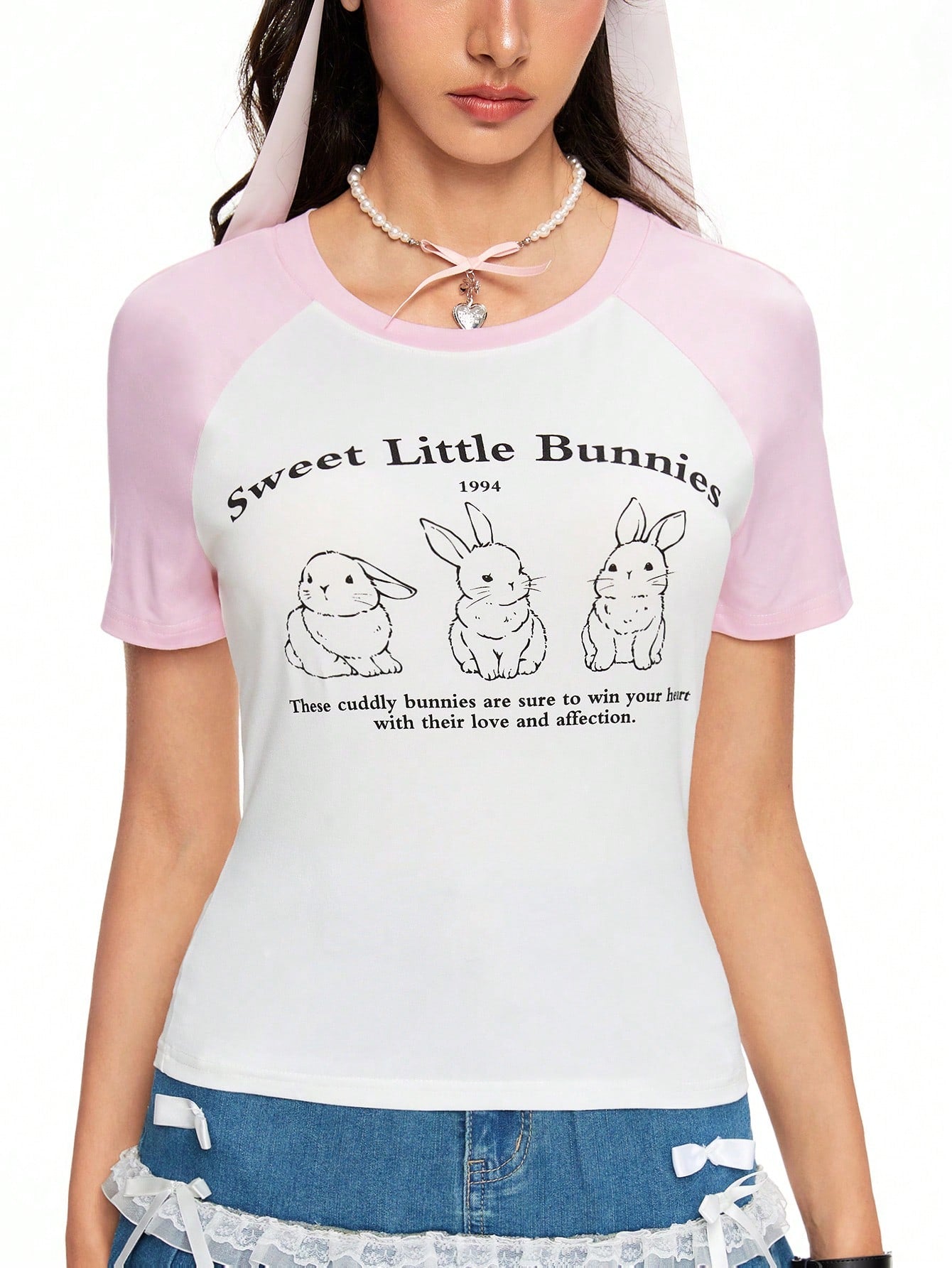 ROMWE Kawaii Camiseta de mujer con cuello redondo y mangas cortas, estampado de conejo, para verano, escuela