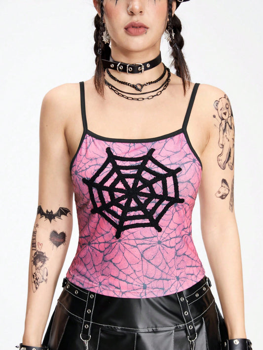 ROMWE Goth Camiseta sin mangas ajustada con araña 3D bordada para mujer, estilo gótico