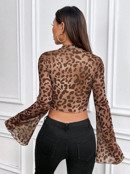 SHEIN Raffinéa Camiseta de mujer con mangas abombadas de malla con estampado de leopardo