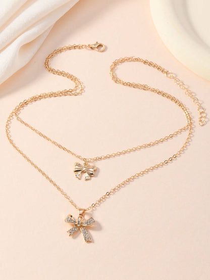 1 pieza Collar de múltiples capas con lazo y rhinestones para mujer, joyería con colgante de moda, adecuado para uso casual, de fiesta y diario
