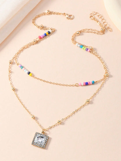 1 pieza Collar con colgante de cubo con incrustaciones de diamantes y cuentas de colores, adecuado para uso casual y de fiesta de mujeres