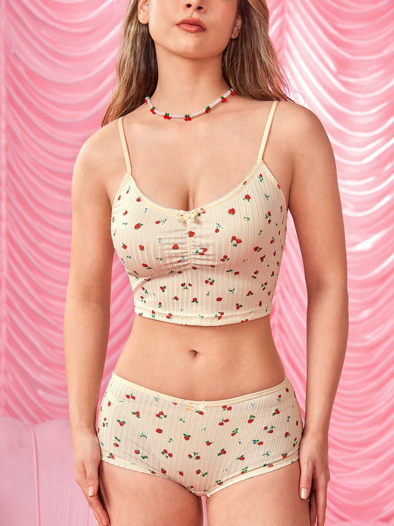 ROMWE Kawaii Conjunto de lencería de mujer de punto acanalado y sin cables con estampado floral