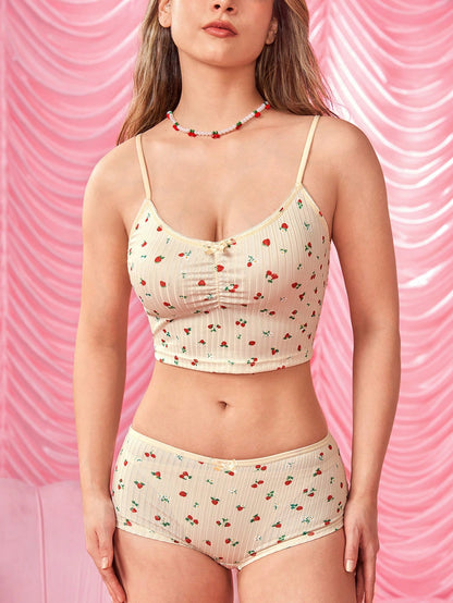 ROMWE Kawaii Conjunto de lencería de mujer de punto acanalado y sin cables con estampado floral