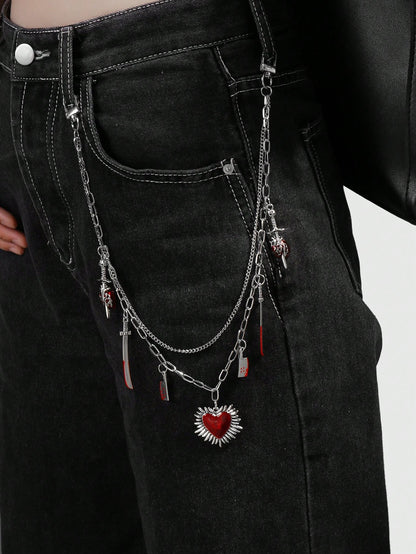 ROMWE Kawaii 1 pieza Cadena para la cintura con estilo gótico de moda, colgante de corazón perforado con calavera, espada y corazón rojo, plateado, adecuado para uso diario de mujeres y niñas, regalo festivo