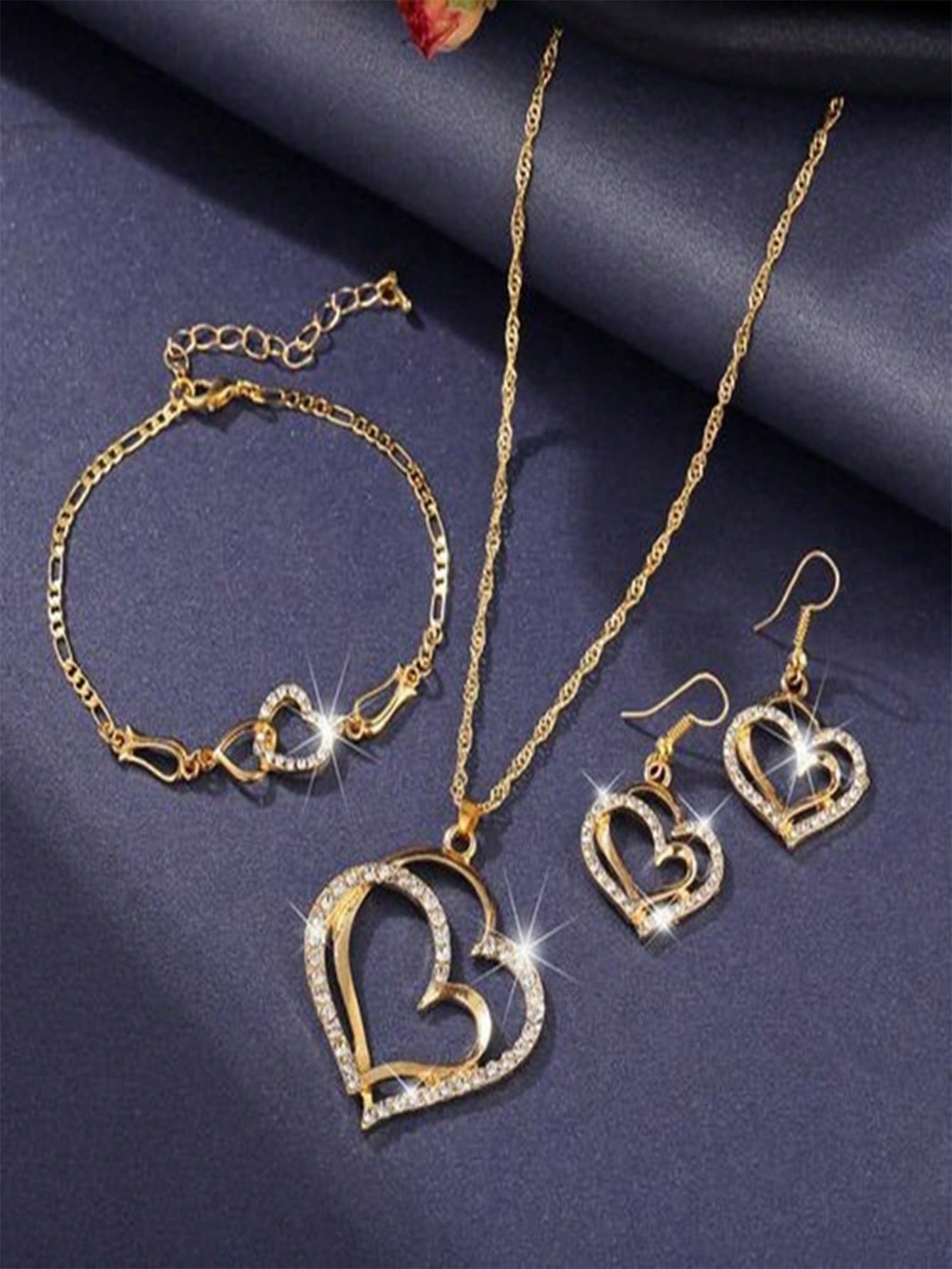 4 piezas/Set Set de joyería elegante con collar, aretes, pulsera con diseño de corazón doble, accesorios de novia de moda, regalo romántico para mujeres
