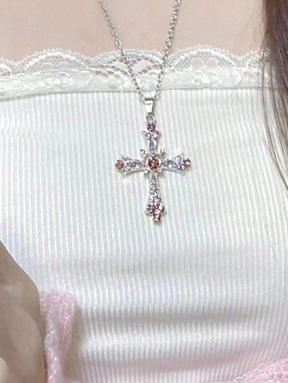 ROMWE Kawaii 1 pieza Collar atractivo aleación de zinc con diseño de diamante de imitación colgante Cruz para mujeres para regalo de citas