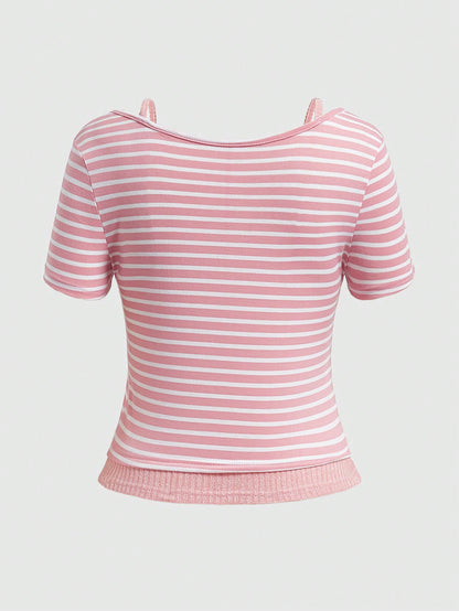 ROMWE Kawaii Camiseta a rayas 2 en 1 para mujer, escolar