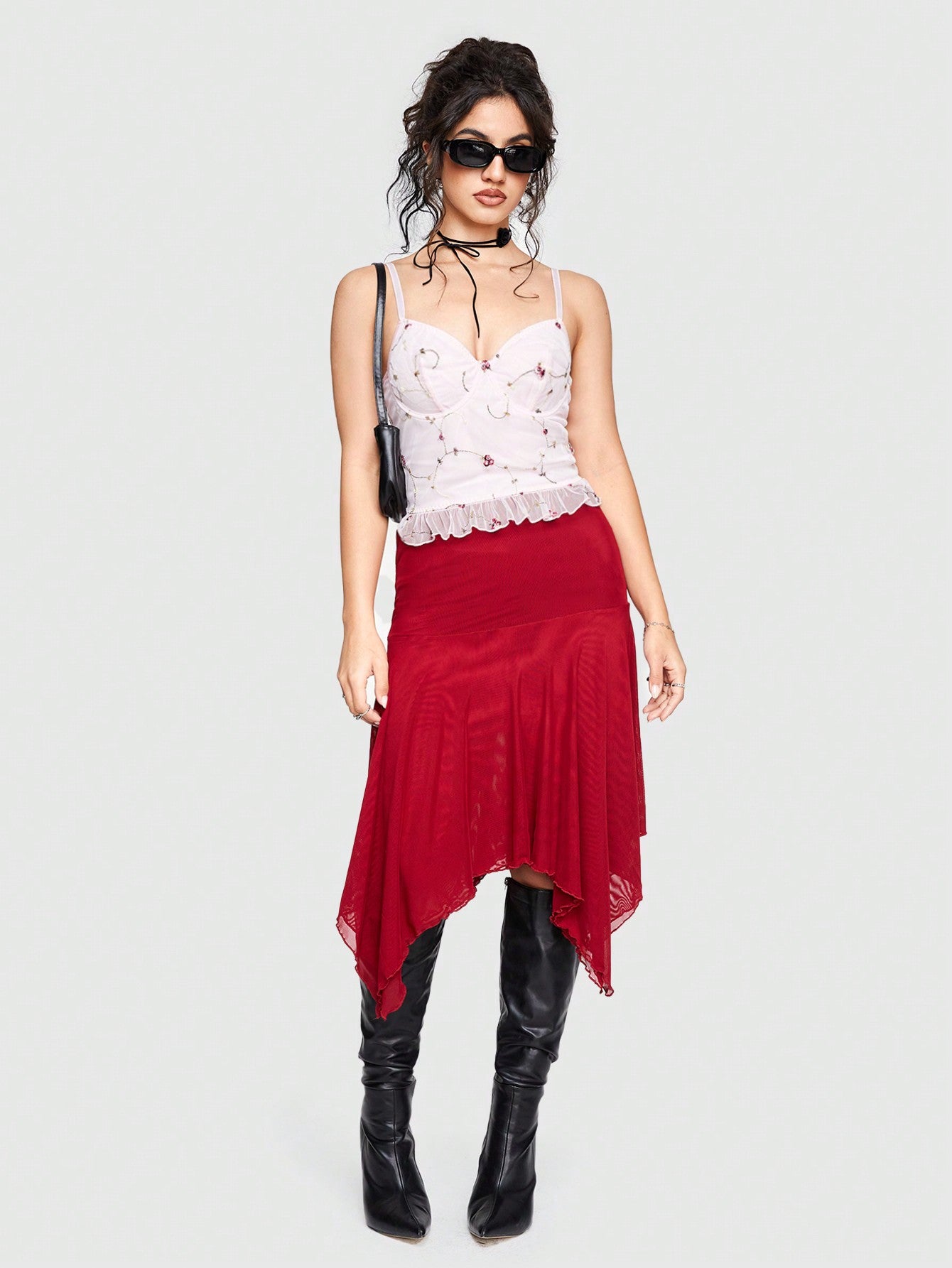 ROMWE Kawaii Camisola Sexy De Encaje Con Forma De Corazón Y Tirantes Finos Con Dobladillo Con Volantes