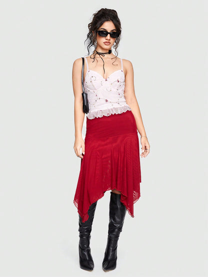 ROMWE Kawaii Camisola Sexy De Encaje Con Forma De Corazón Y Tirantes Finos Con Dobladillo Con Volantes
