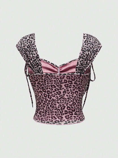ROMWE J-Fashion Top de tirantes con estampado de leopardo sexy para mujer, cuello corazón con escote pronunciado, cordones con lazo, malla elástica apretada, adecuado para mujeres maduras, atractivas y versátiles, escuela