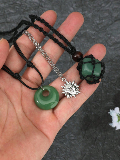 Set de joyería de 3 piezas para mujeres bohemias Y2K compuesto por collar red ajustable de piedra con hebilla tipo paz en estilo gótico antiguo confeccionado con Liuli y verde oscuro / verde claro como jade