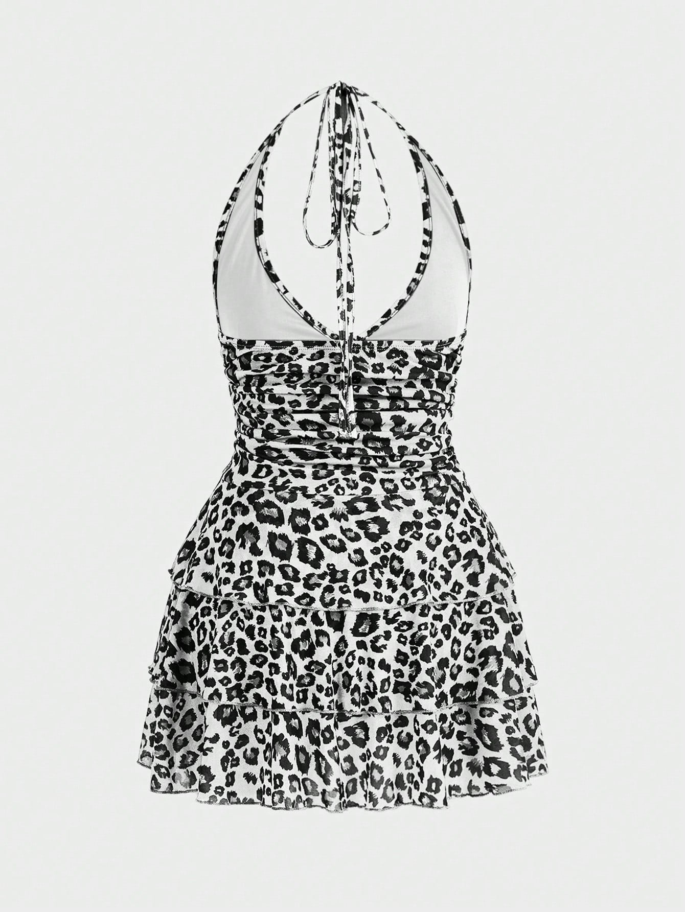 ROMWE J-Fashion Vestido corto y sexy con estampado de leopardo blanco y negro, estilo halter, para la escuela