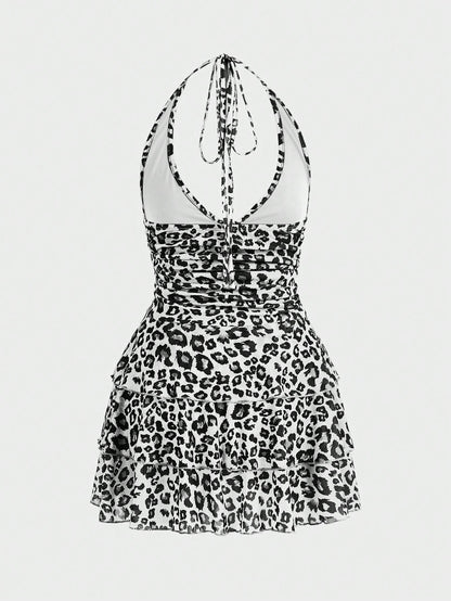 ROMWE J-Fashion Vestido corto y sexy con estampado de leopardo blanco y negro, estilo halter, para la escuela