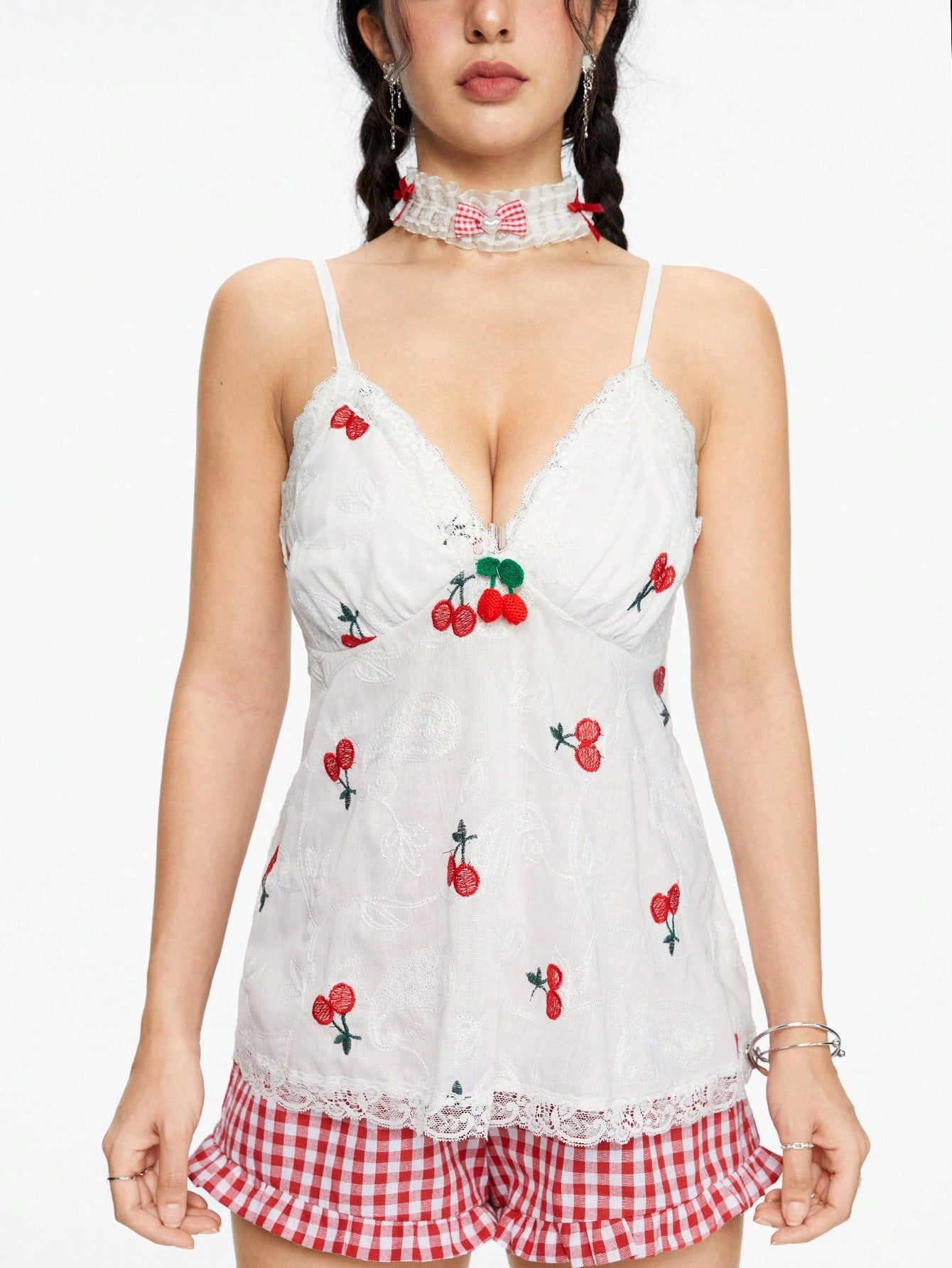 ROMWE Kawaii Top de encaje con bordado de cerezas dulces y encantadoras