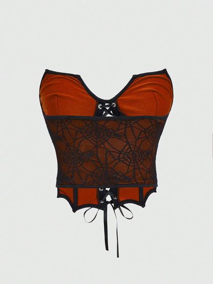 ROMWE Goth Top corto con diseño de cuello tipo collarín de encaje con estampado de telaraña, murciélagos y calabaza gótica para damas